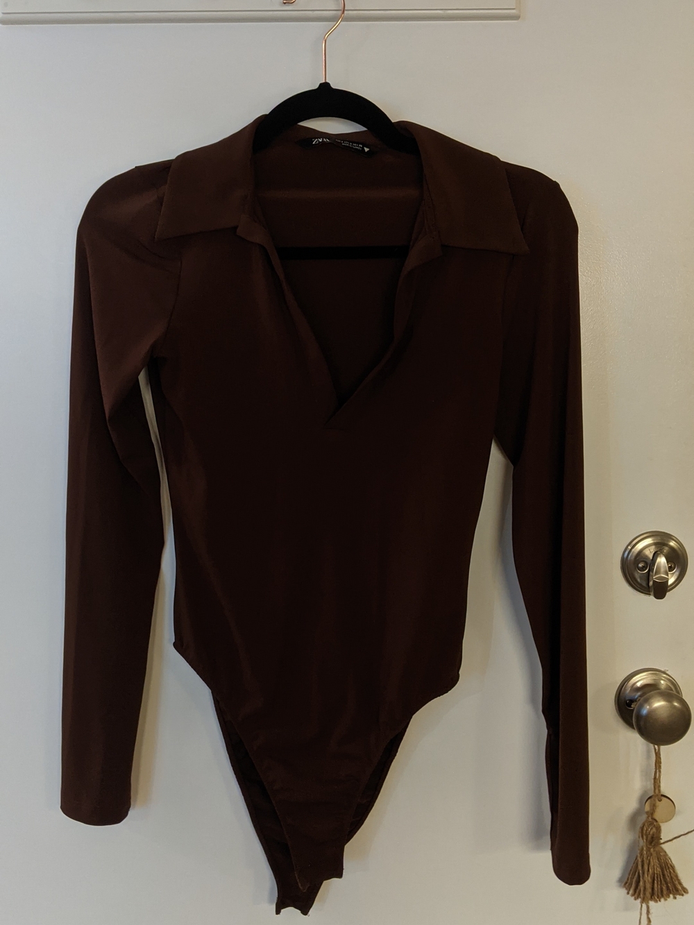 Long Sleeve Collared Brown Bodysuit - Women Tops